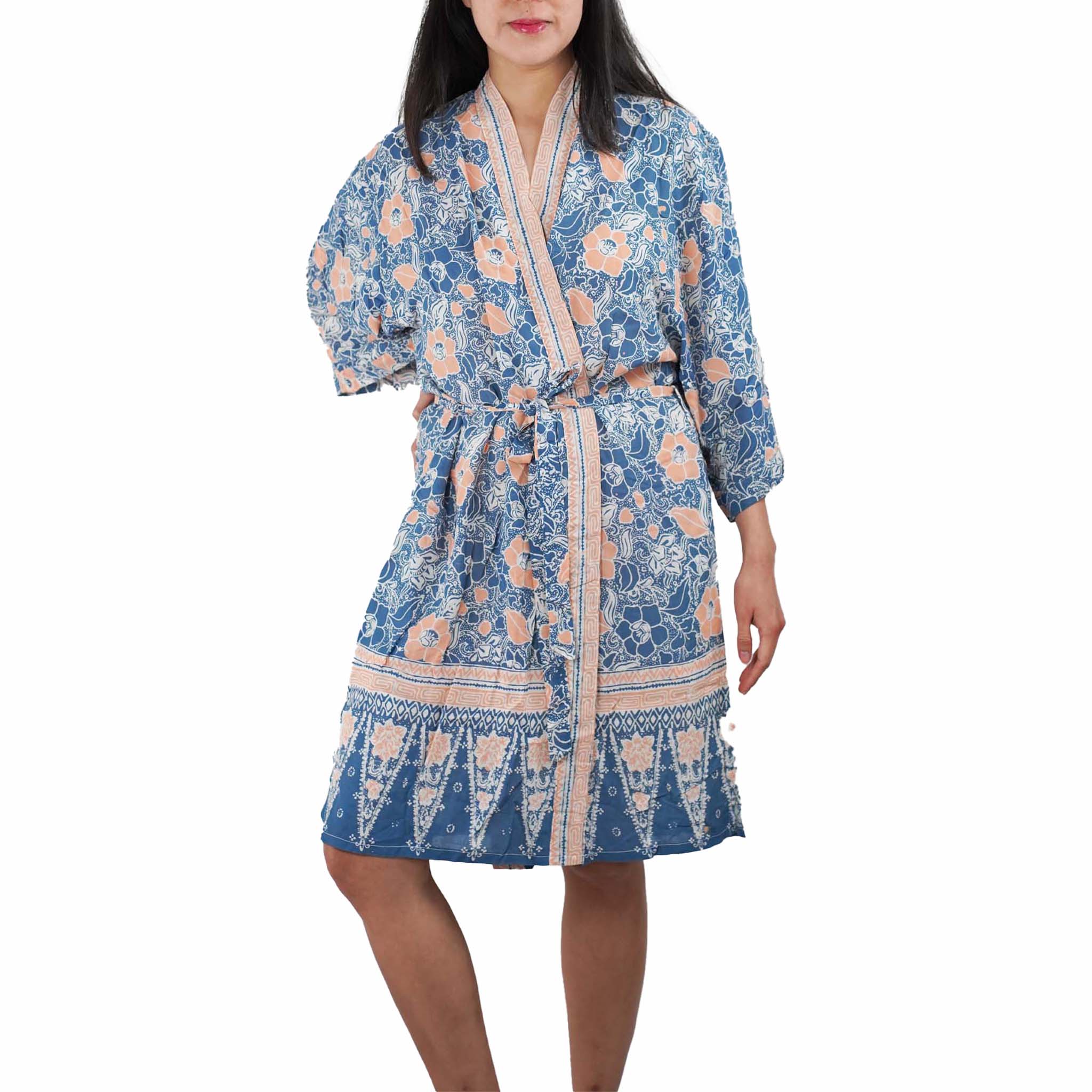 Hand Dyed Batik Robe/ Kimono, Cotton Soft, Sunset Sky, Blue, Orange - Che Cose Belle