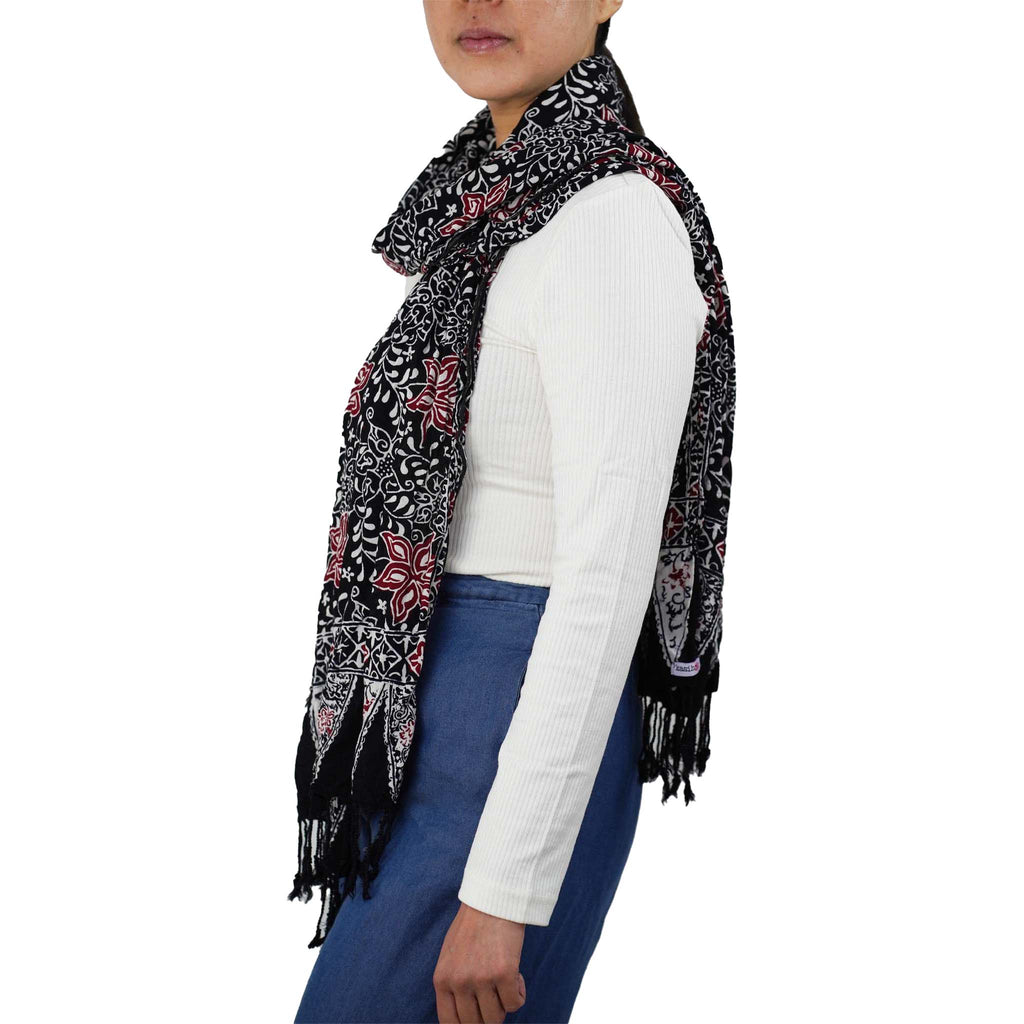 Hand Dyed Batik Scarf, 100% Cotton Fabric, Black Red Floral Star - Che Cose Belle