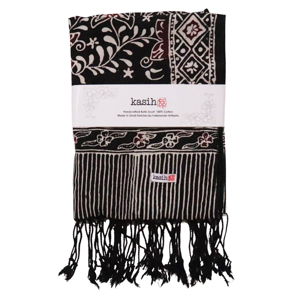 Hand Dyed Batik Scarf, 100% Cotton Fabric, Black Red Floral Star - Che Cose Belle