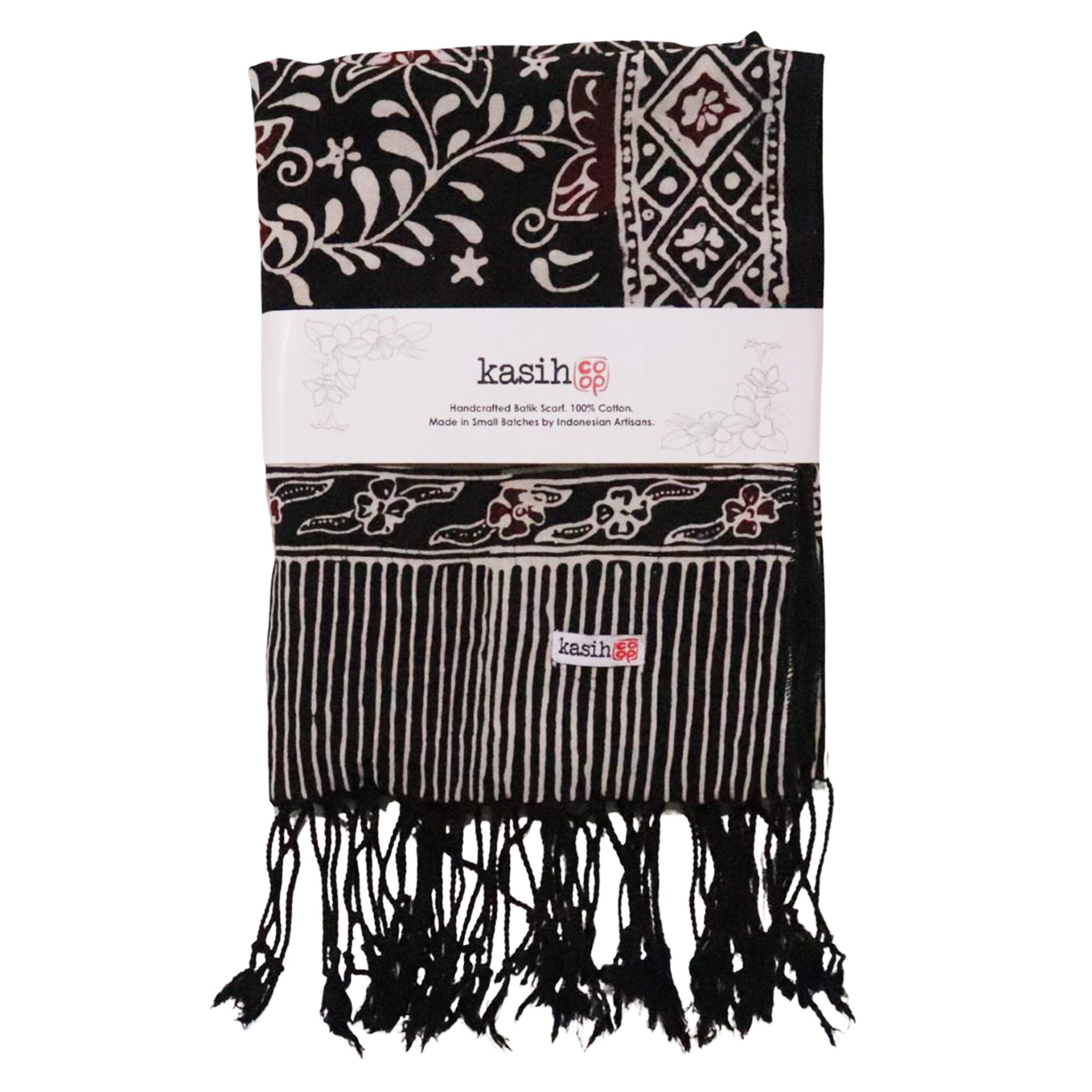 Hand Dyed Batik Scarf, 100% Cotton Fabric, Black Red Floral Star - Che Cose Belle