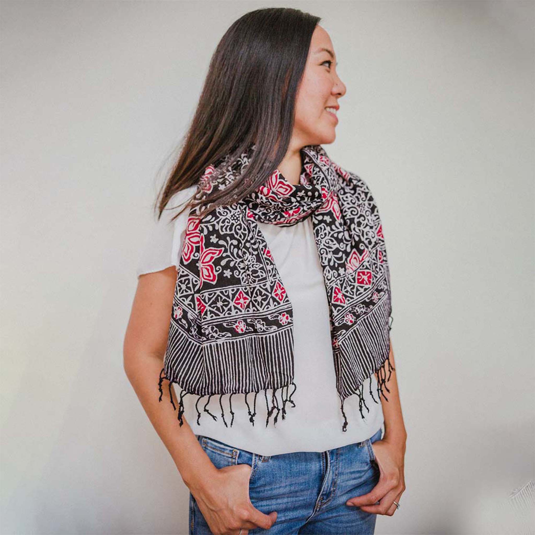 Hand Dyed Batik Scarf, 100% Cotton Fabric, Black Red Floral Star - Che Cose Belle