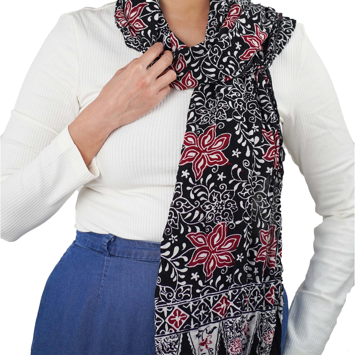 Hand Dyed Batik Scarf, 100% Cotton Fabric, Black Red Floral Star - Che Cose Belle