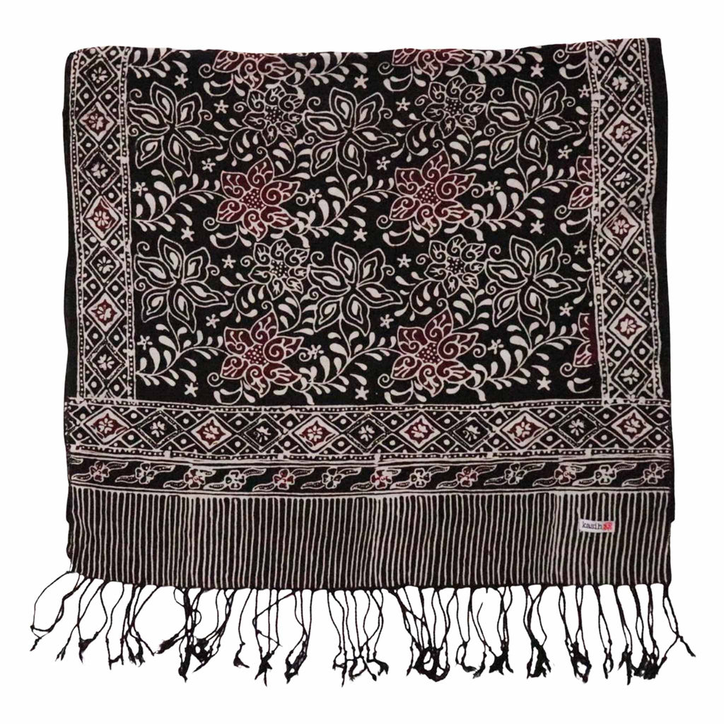 Hand Dyed Batik Scarf, 100% Cotton Fabric, Black Red Floral Star - Che Cose Belle