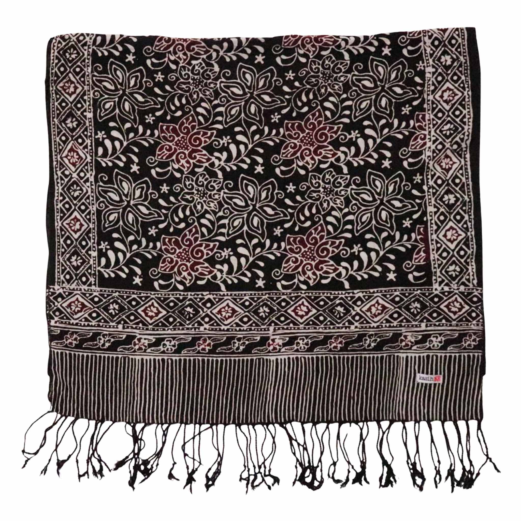 Hand Dyed Batik Scarf, 100% Cotton Fabric, Black Red Floral Star - Che Cose Belle