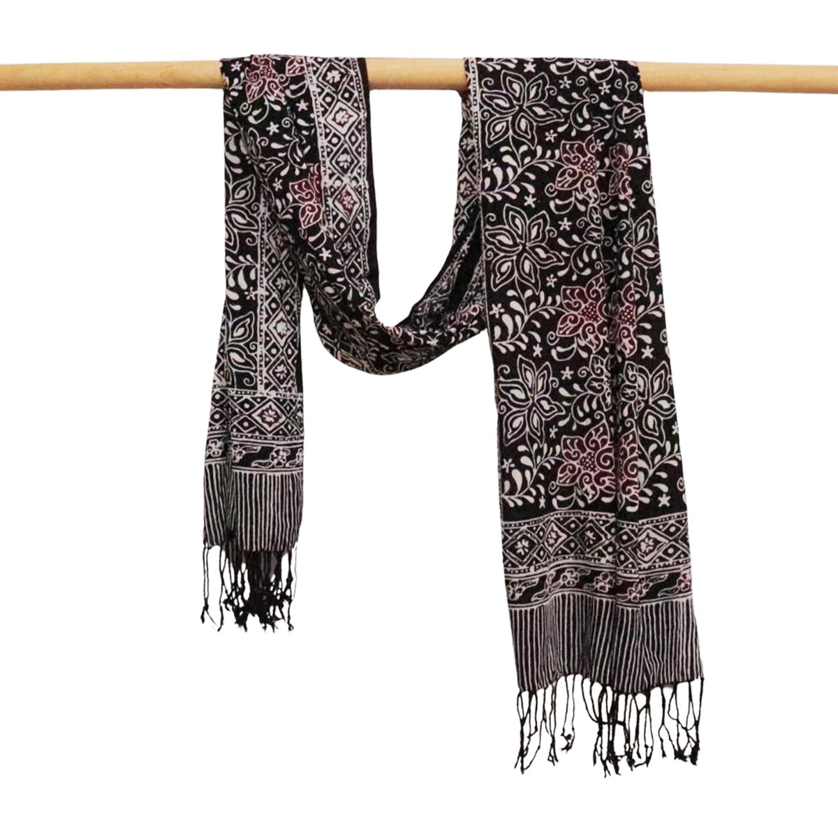 Hand Dyed Batik Scarf, 100% Cotton Fabric, Black Red Floral Star - Che Cose Belle