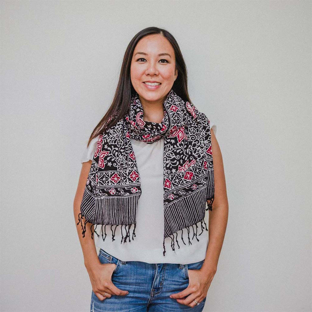 Hand Dyed Batik Scarf, 100% Cotton Fabric, Black Red Floral Star - Che Cose Belle