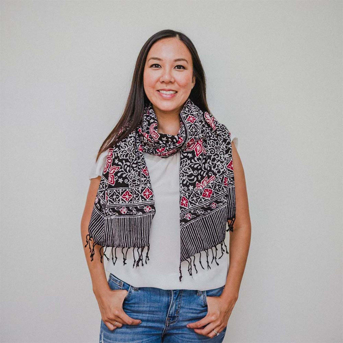 Hand Dyed Batik Scarf, 100% Cotton Fabric, Black Red Floral Star - Che Cose Belle