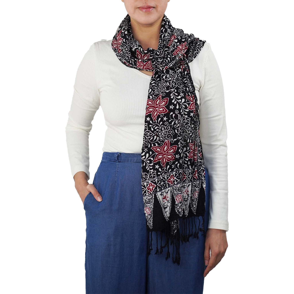 Hand Dyed Batik Scarf, 100% Cotton Fabric, Black Red Floral Star - Che Cose Belle