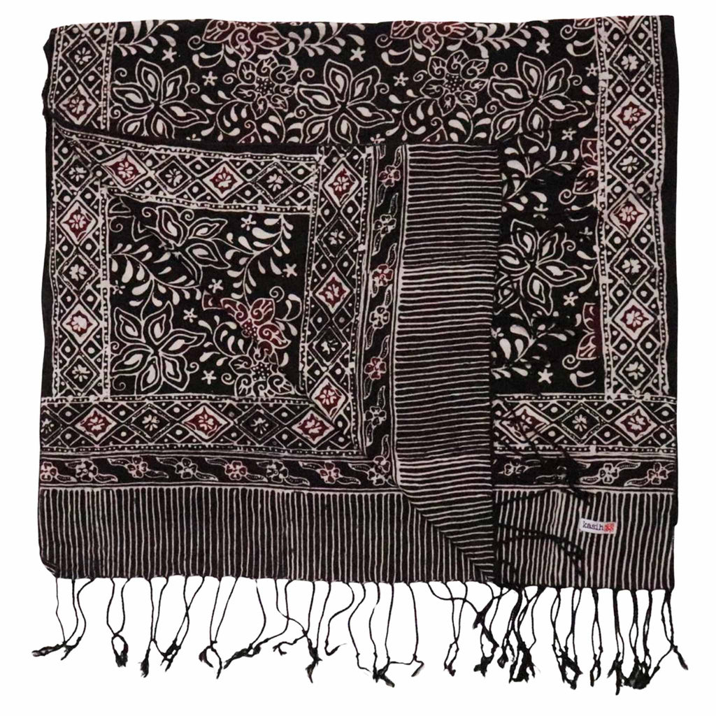 Hand Dyed Batik Scarf, 100% Cotton Fabric, Black Red Floral Star - Che Cose Belle