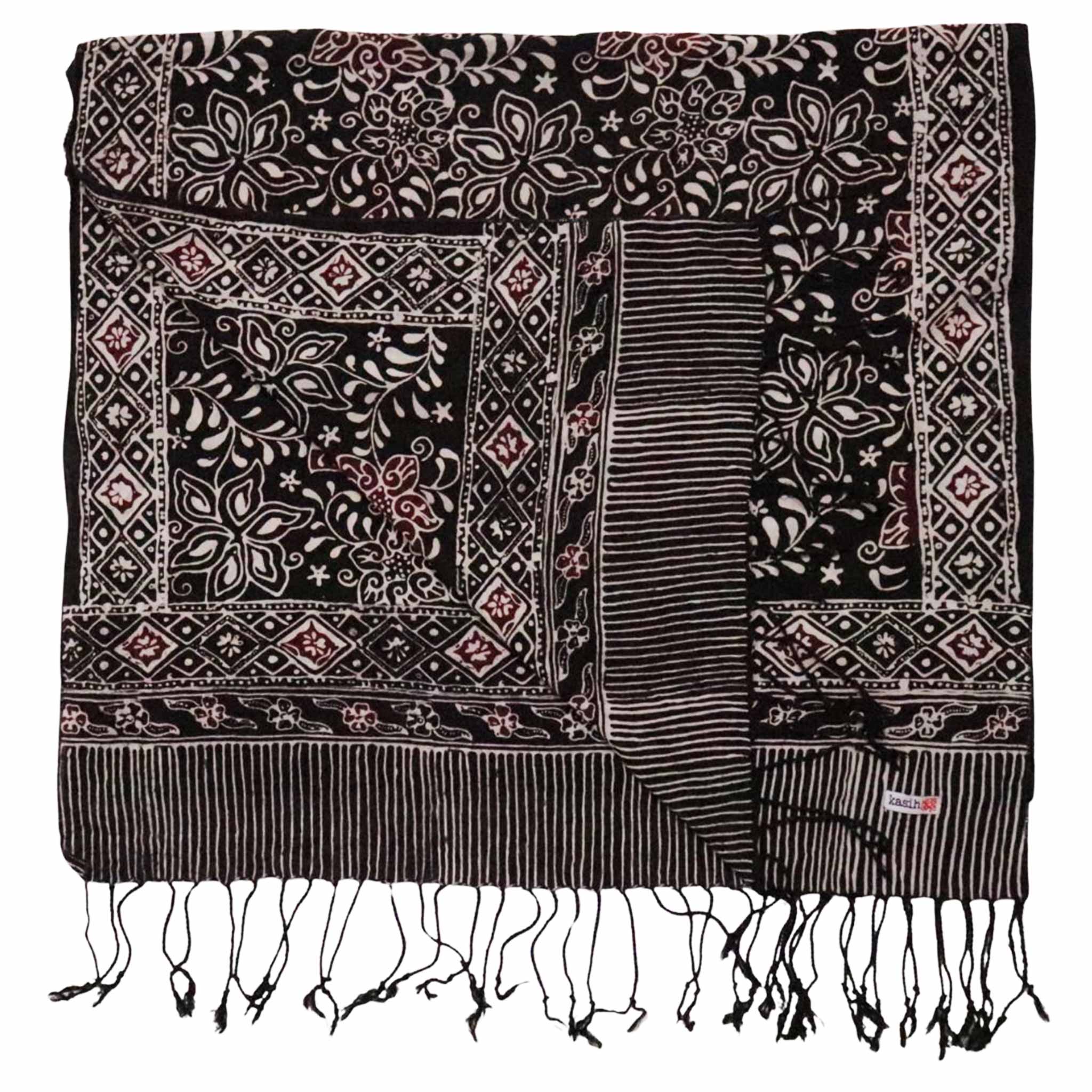 Hand Dyed Batik Scarf, 100% Cotton Fabric, Black Red Floral Star - Che Cose Belle