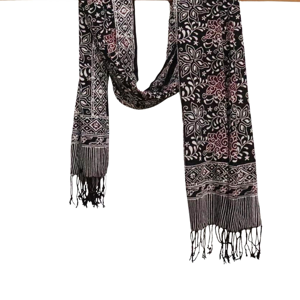 Hand Dyed Batik Scarf, 100% Cotton Fabric, Black Red Floral Star - Che Cose Belle