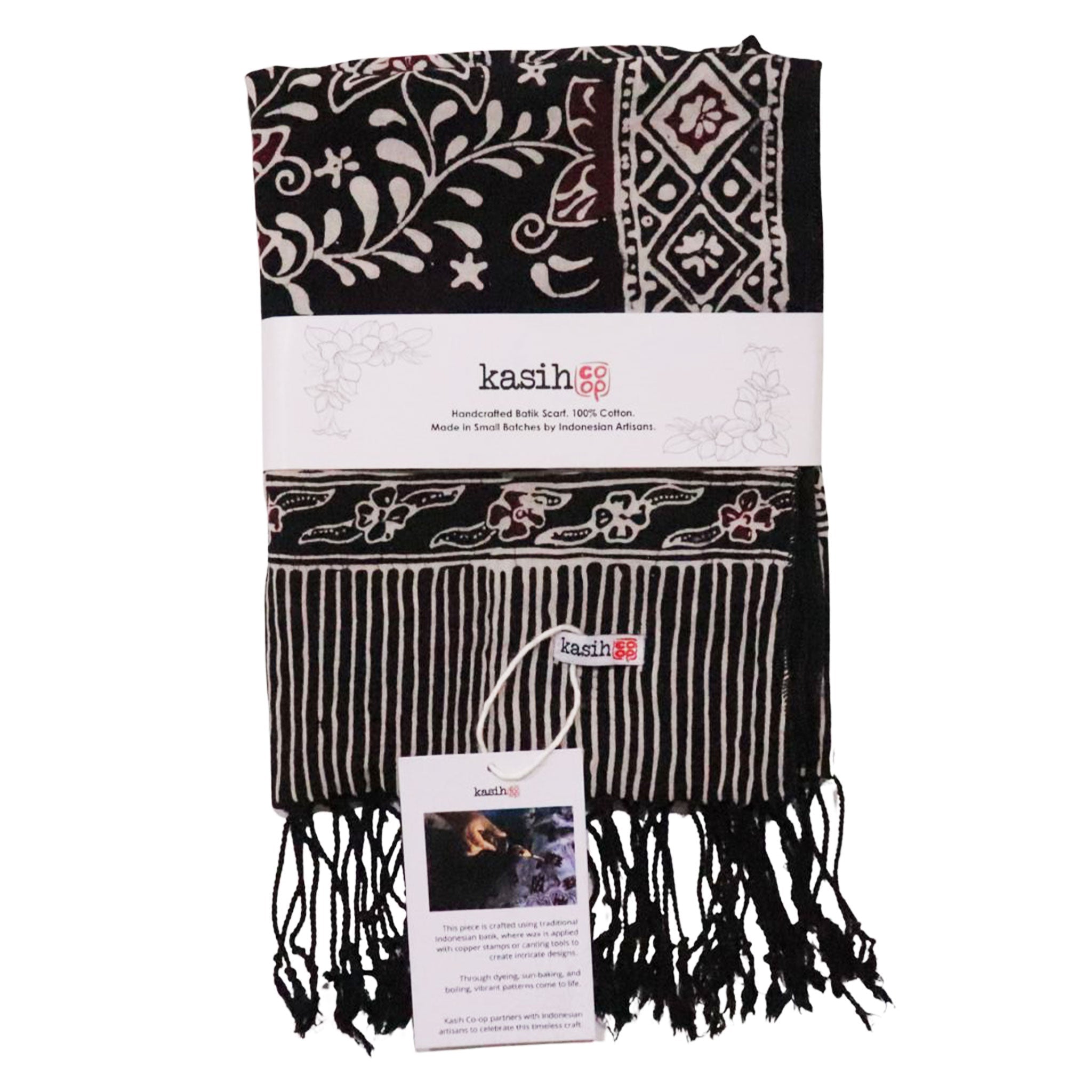 Hand Dyed Batik Scarf, 100% Cotton Fabric, Black Red Floral Star - Che Cose Belle