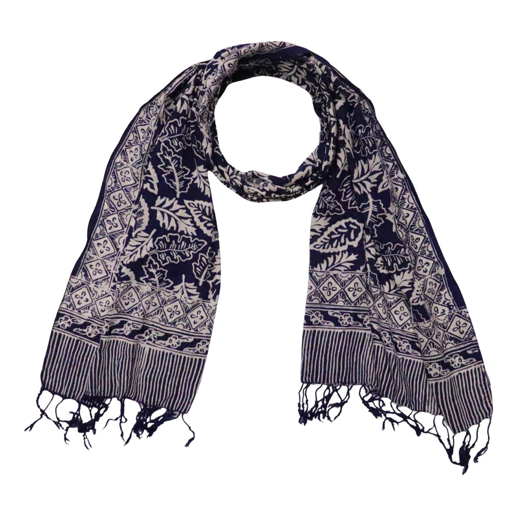 Hand Dyed Batik Scarf, 100% Cotton, Scarves, Bandana, Wrap , Blue Leaves - Che Cose Belle