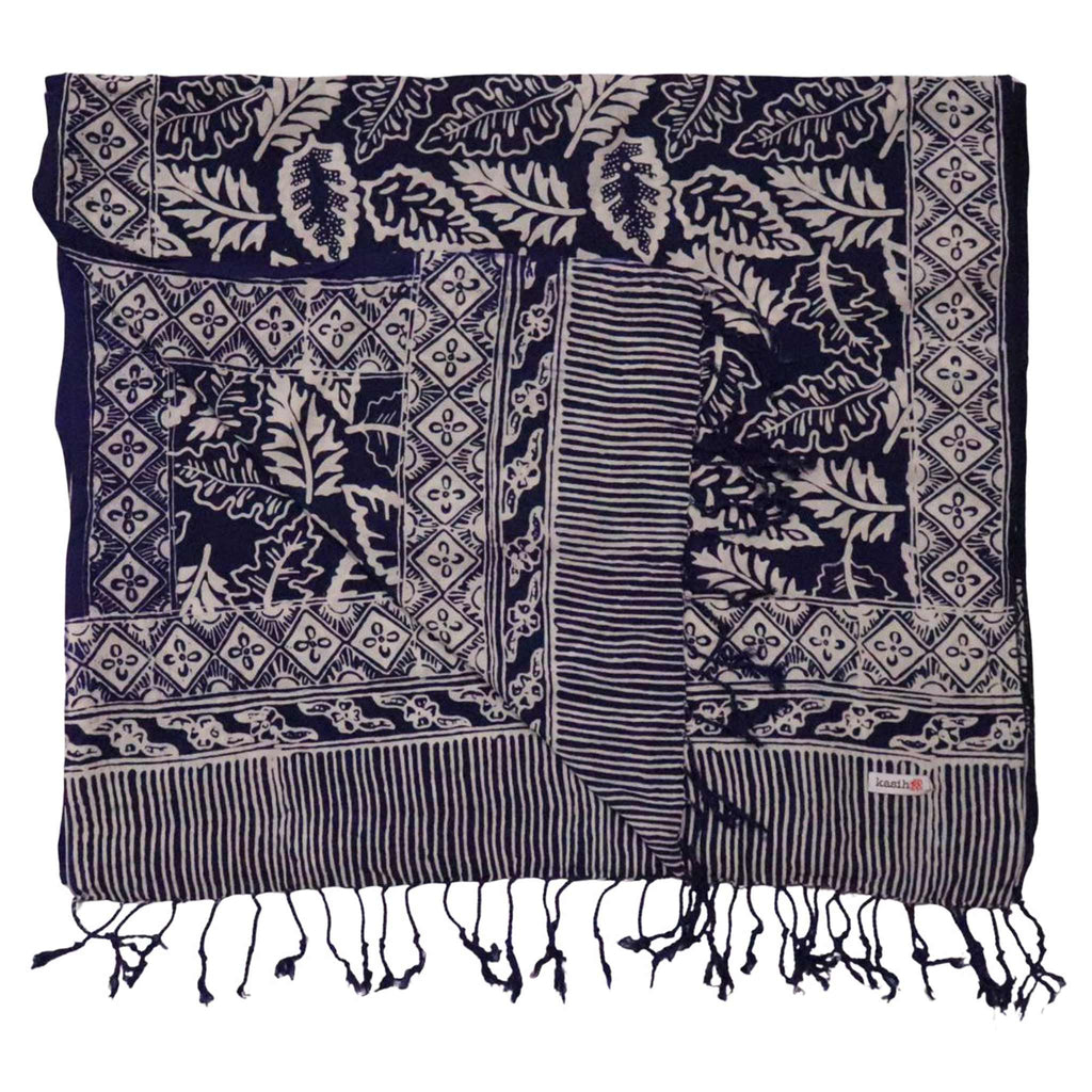 Hand Dyed Batik Scarf, 100% Cotton, Scarves, Bandana, Wrap , Blue Leaves - Che Cose Belle