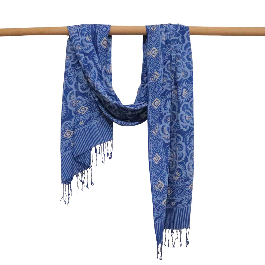 Hand Dyed Batik Scarf - Soft Cotton, Blue Roses, White, Floral, Flower - Che Cose Belle