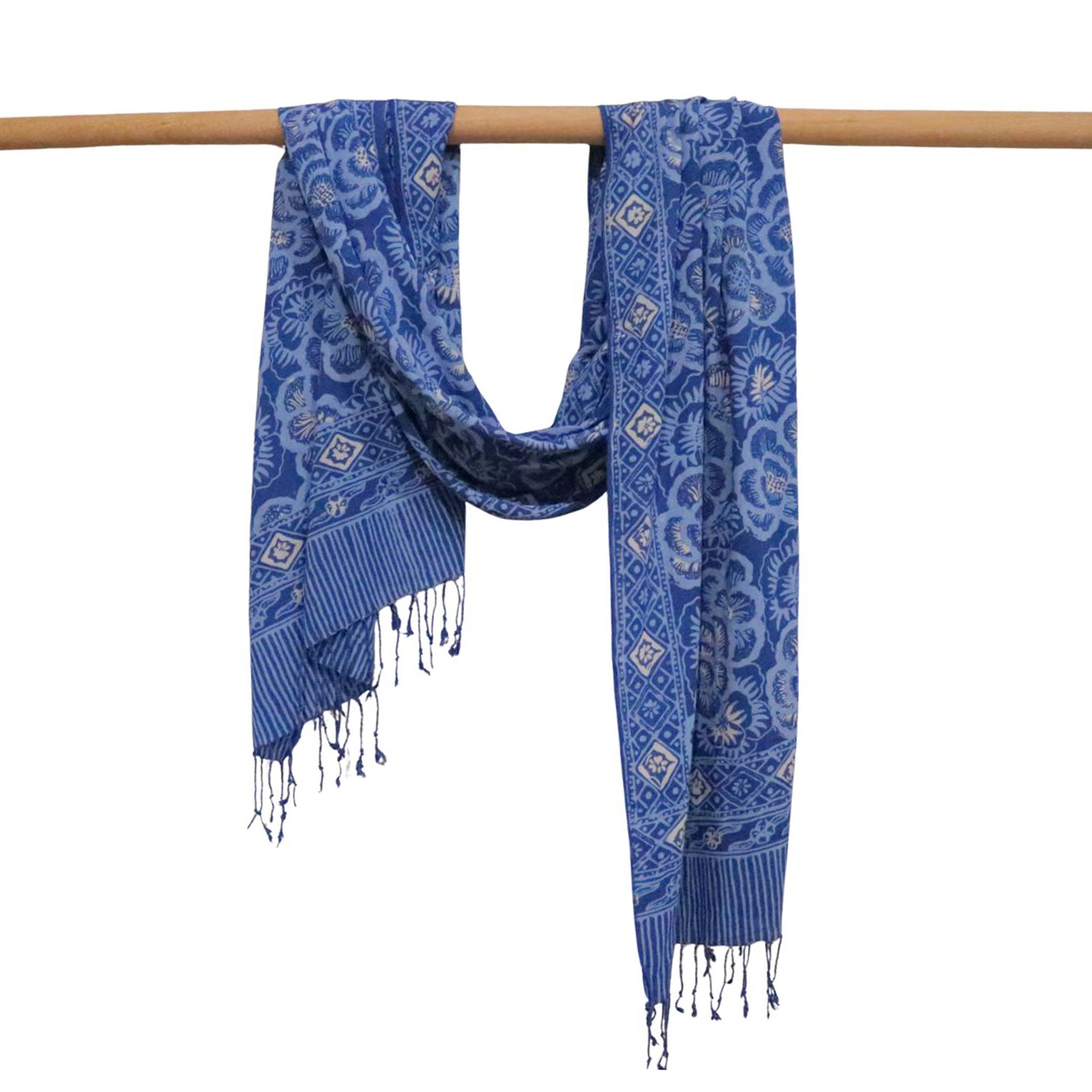 Hand Dyed Batik Scarf - Soft Cotton, Blue Roses, White, Floral, Flower - Che Cose Belle