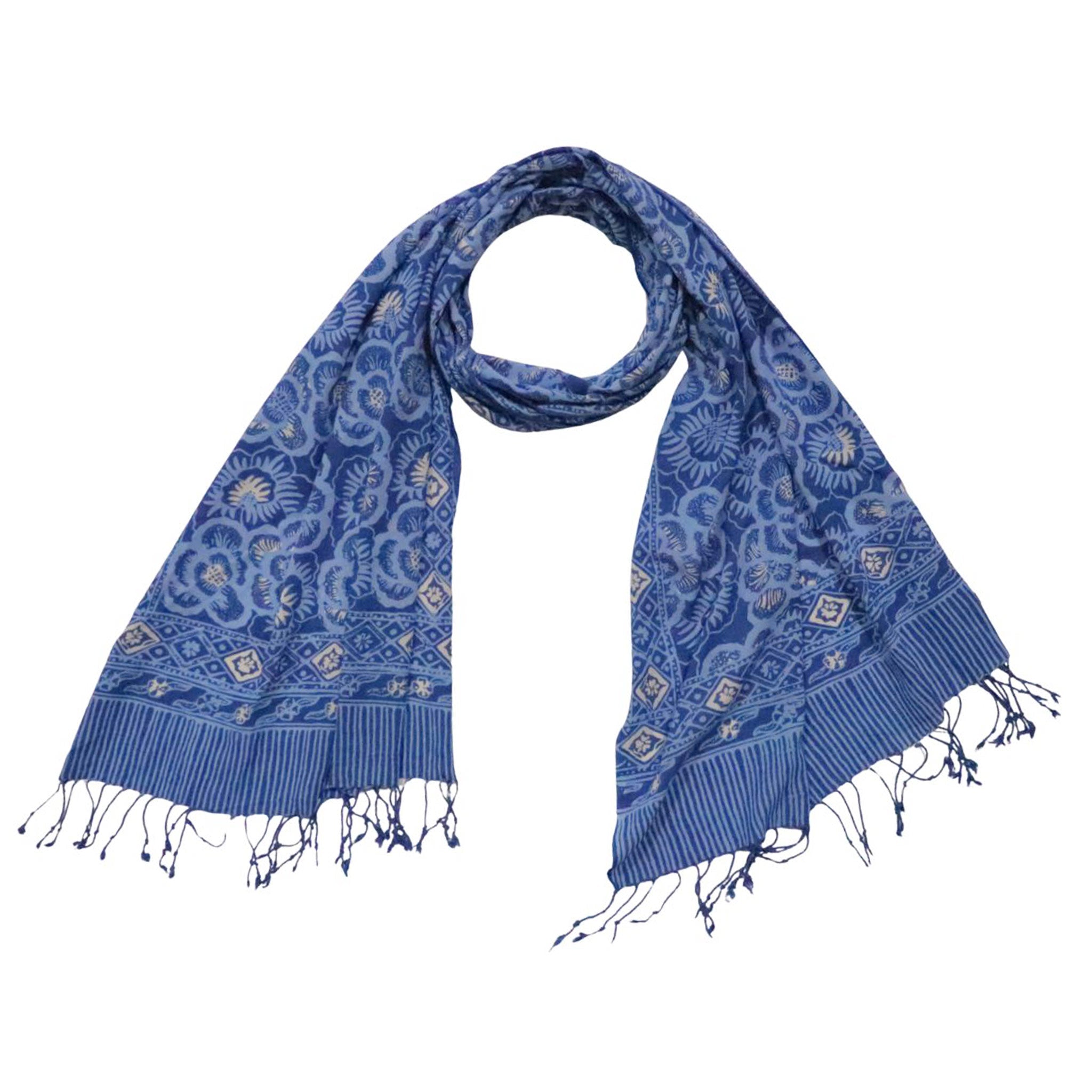 Hand Dyed Batik Scarf - Soft Cotton, Blue Roses, White, Floral, Flower - Che Cose Belle