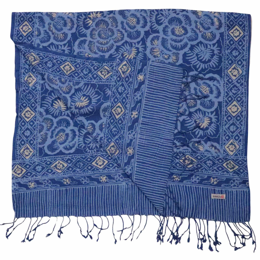 Hand Dyed Batik Scarf - Soft Cotton, Blue Roses, White, Floral, Flower - Che Cose Belle