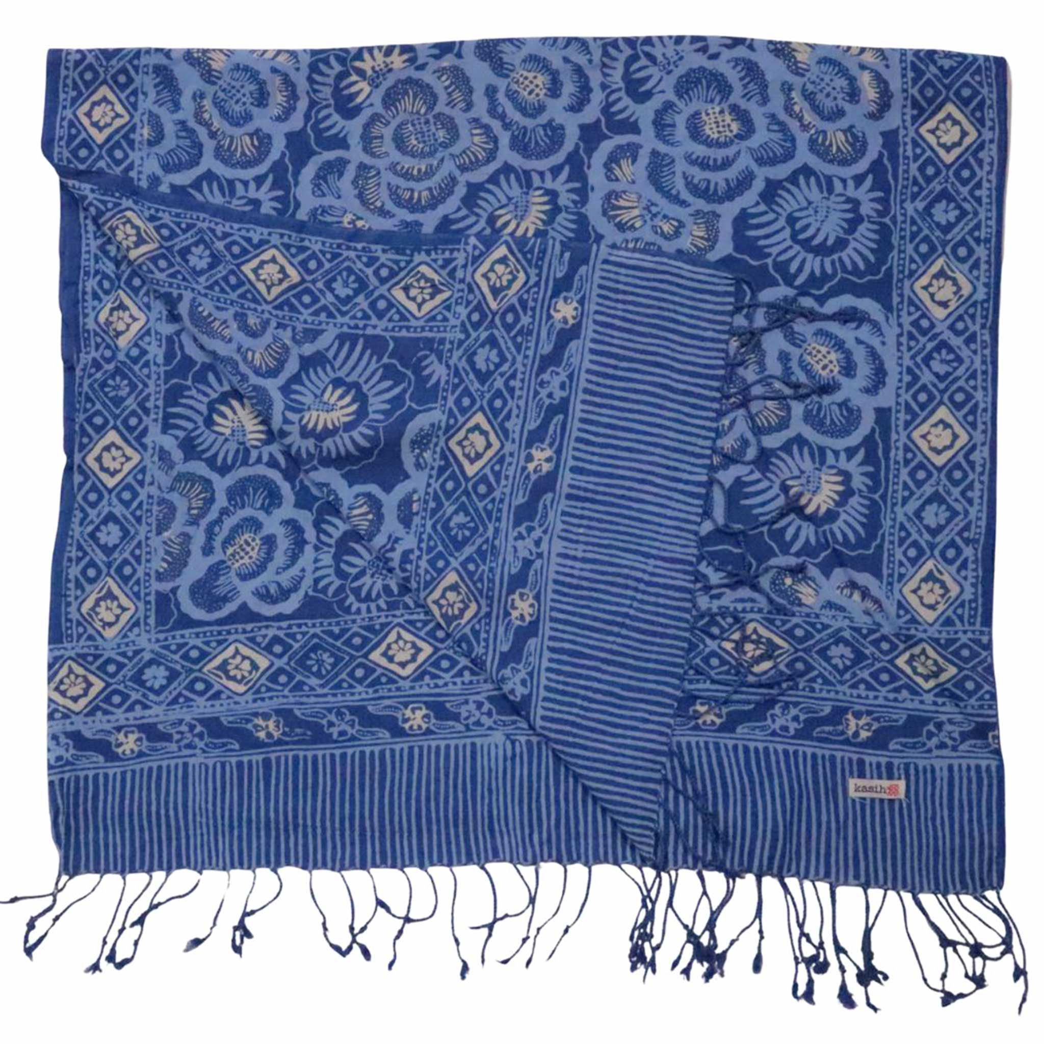 Hand Dyed Batik Scarf - Soft Cotton, Blue Roses, White, Floral, Flower - Che Cose Belle