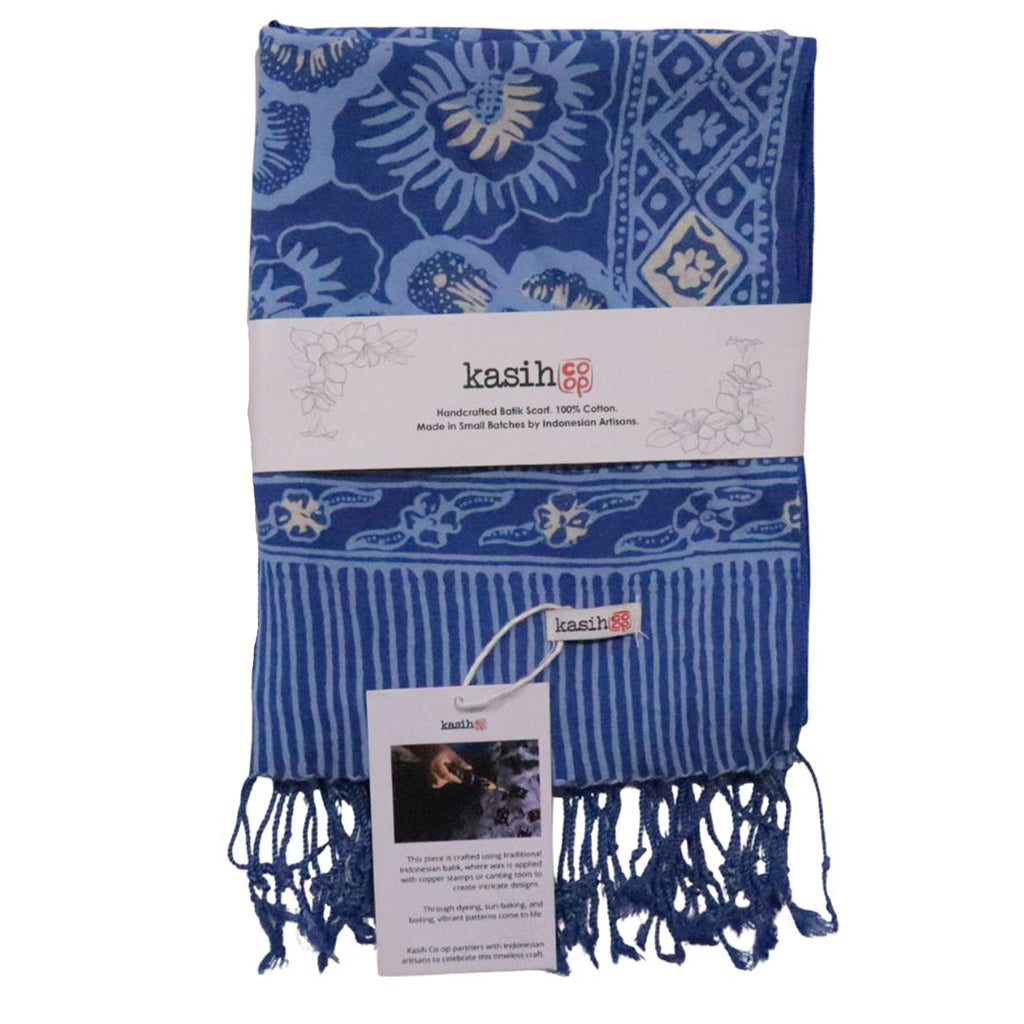 Hand Dyed Batik Scarf - Soft Cotton, Blue Roses, White, Floral, Flower - Che Cose Belle