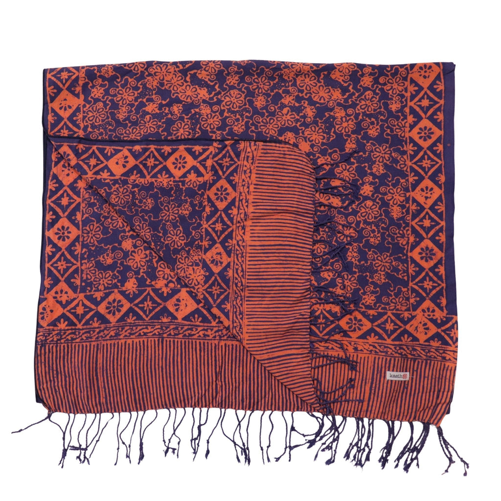 Hand Dyed Batik Scarf, Soft Cotton, Mangosteen, Blue, Pink, Fruit, Floral - Che Cose Belle