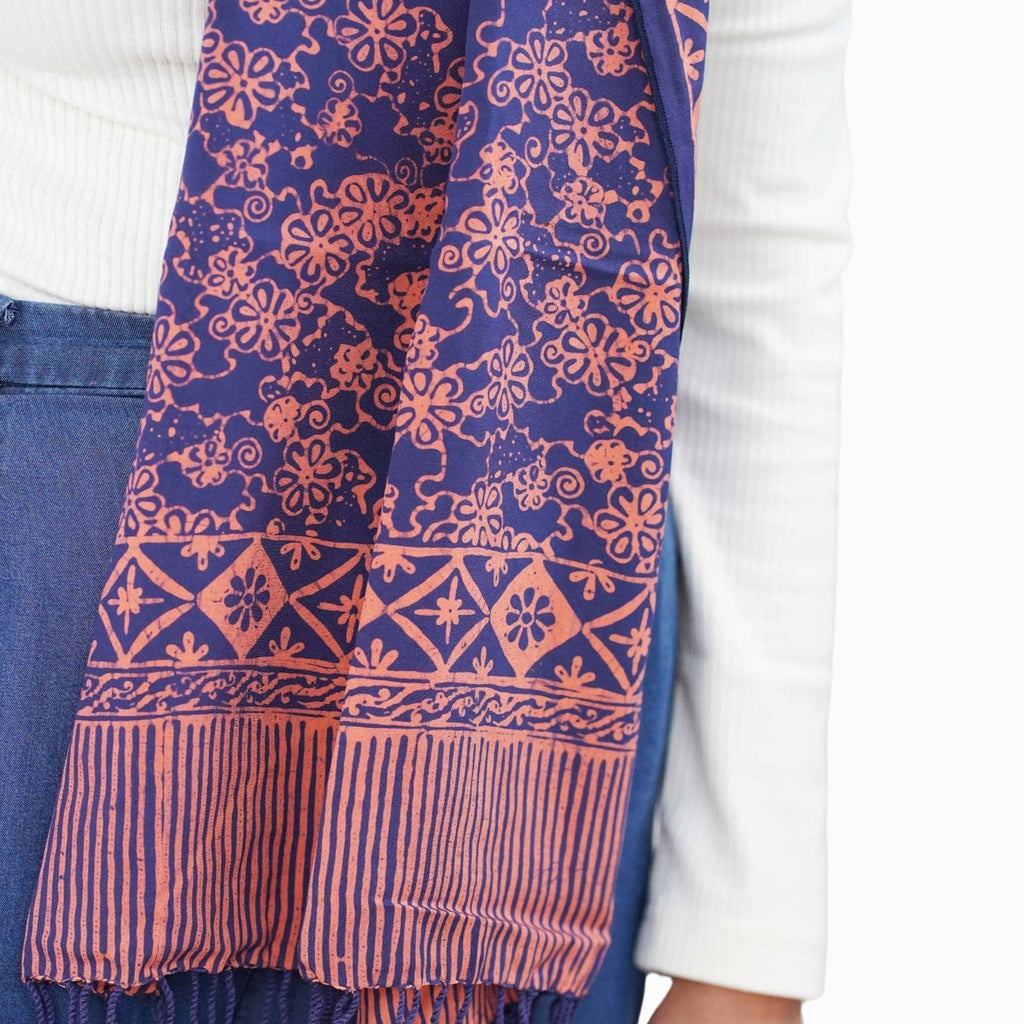 Hand Dyed Batik Scarf, Soft Cotton, Mangosteen, Blue, Pink, Fruit, Floral - Che Cose Belle