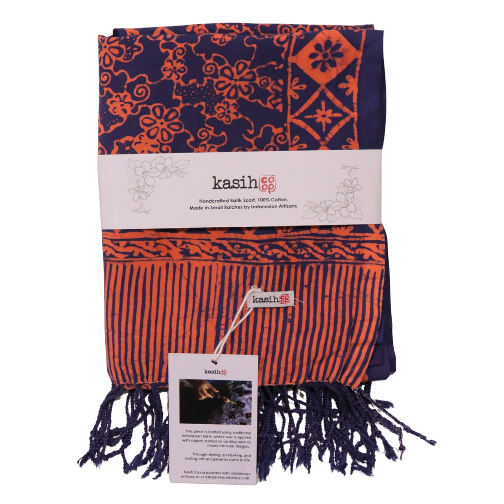 Hand Dyed Batik Scarf, Soft Cotton, Mangosteen, Blue, Pink, Fruit, Floral - Che Cose Belle