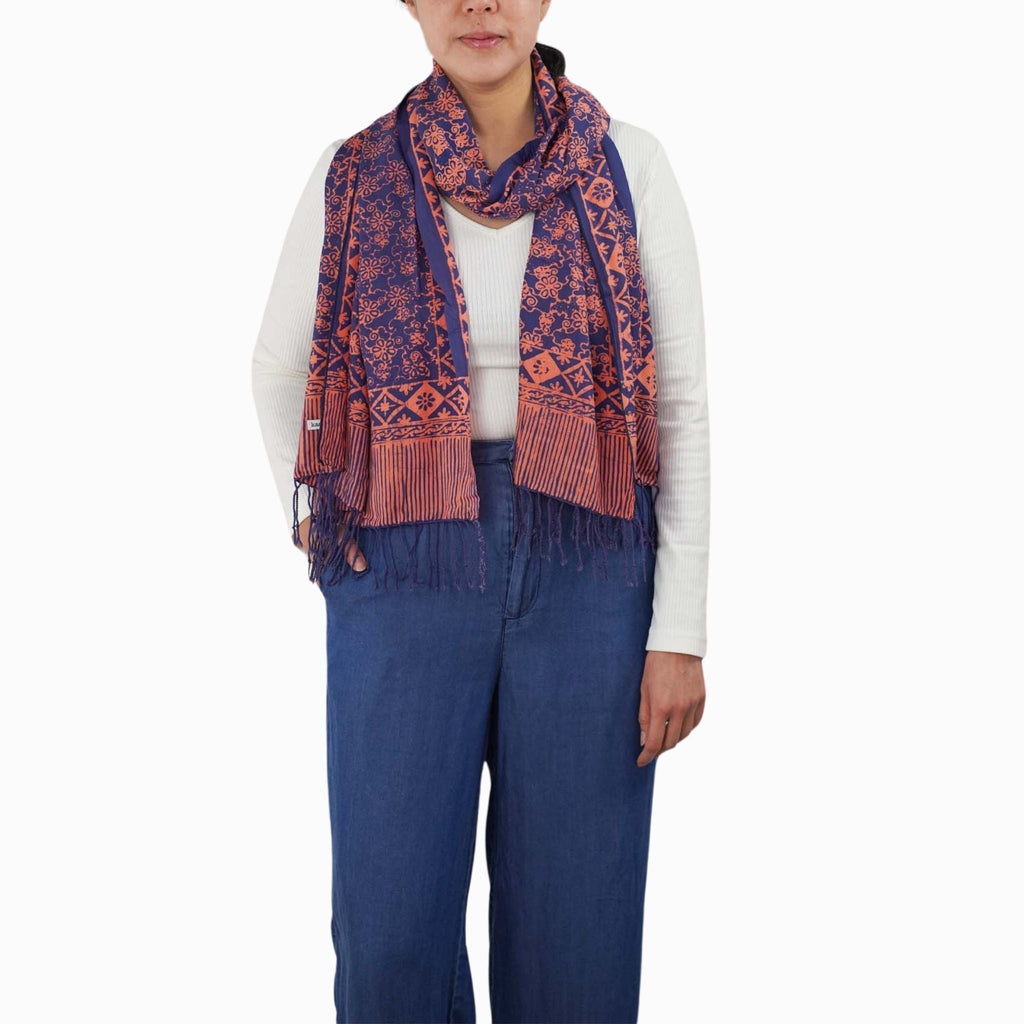 Hand Dyed Batik Scarf, Soft Cotton, Mangosteen, Blue, Pink, Fruit, Floral - Che Cose Belle