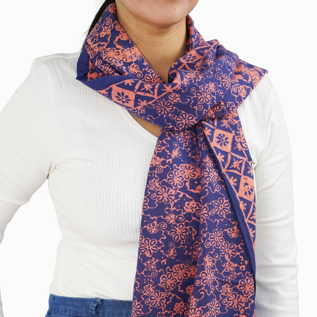 Hand Dyed Batik Scarf, Soft Cotton, Mangosteen, Blue, Pink, Fruit, Floral - Che Cose Belle
