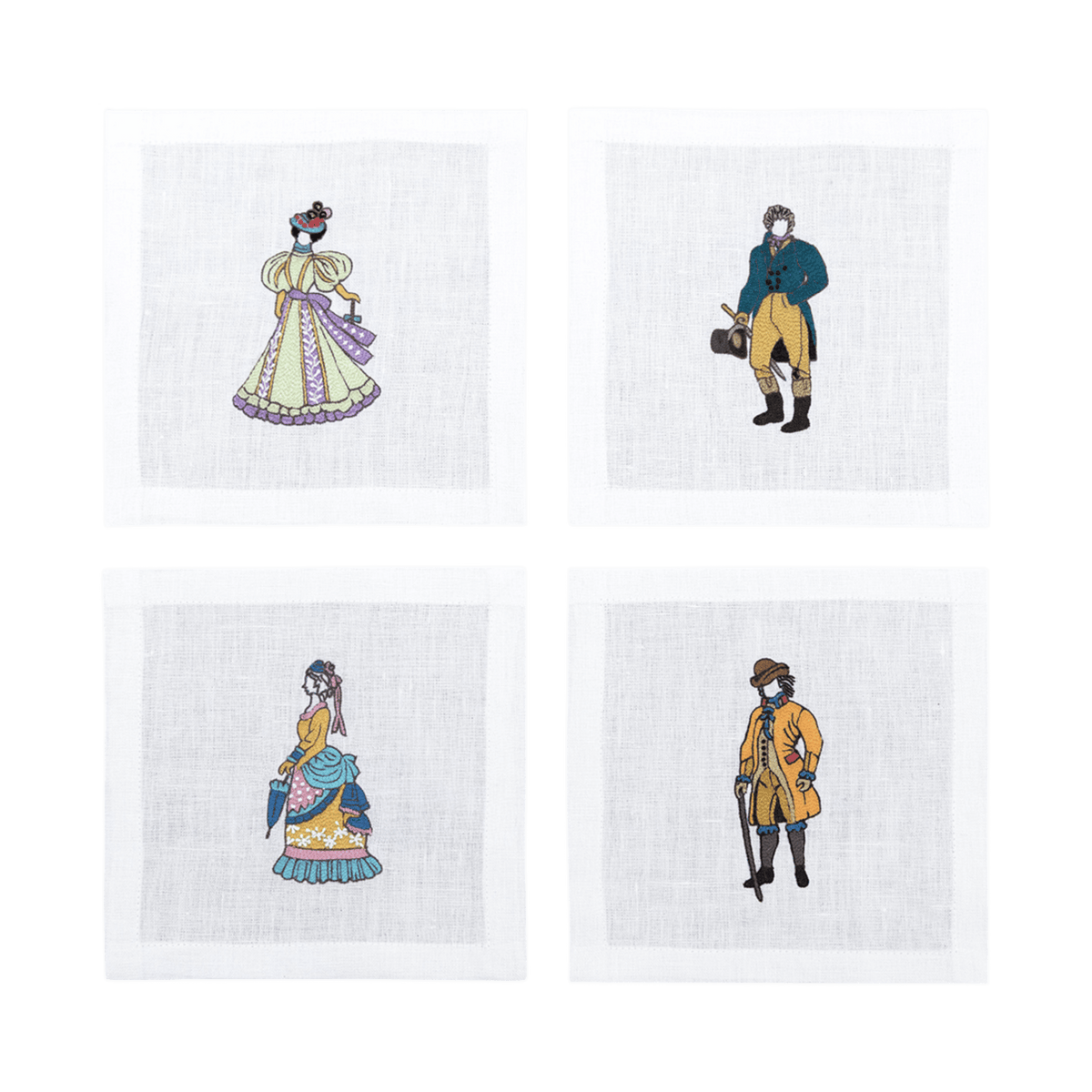 Hand Embroidered Ladies and Gentlemen Cocktail Napkins 6" x 6" (Set of 4) - Che Cose Belle
