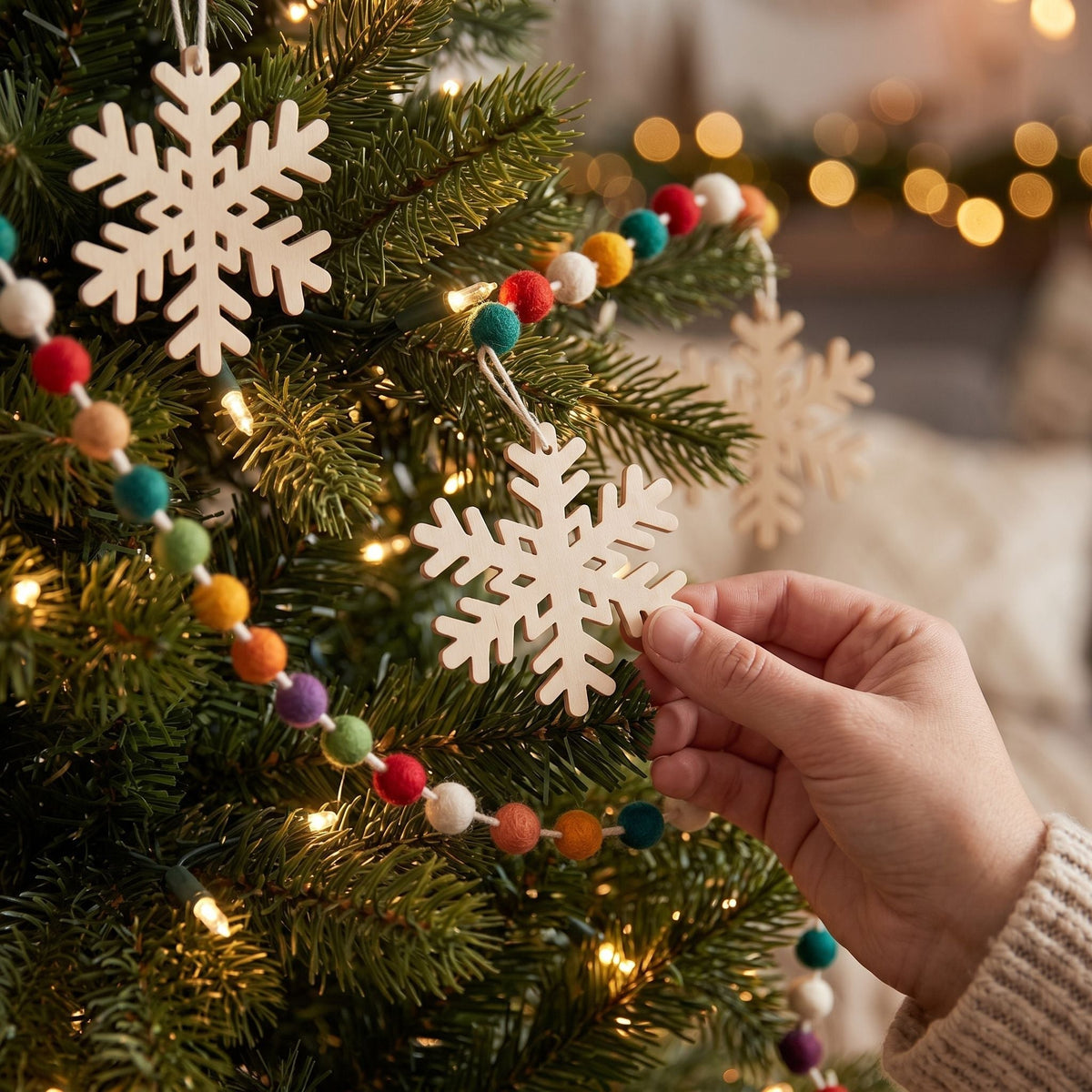 Hand Felted Wool Christmas Garland and Bunting - Multicolor Dots White Snowflakes - 6' Arcadia Home