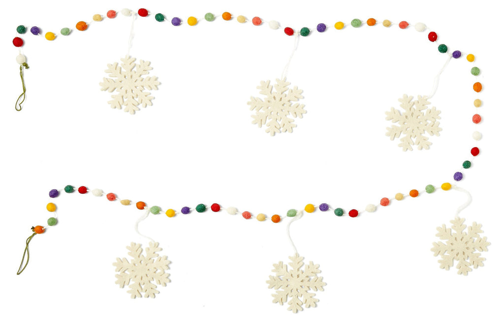 Hand Felted Wool Christmas Garland and Bunting - Multicolor Dots White Snowflakes - 6' Arcadia Home