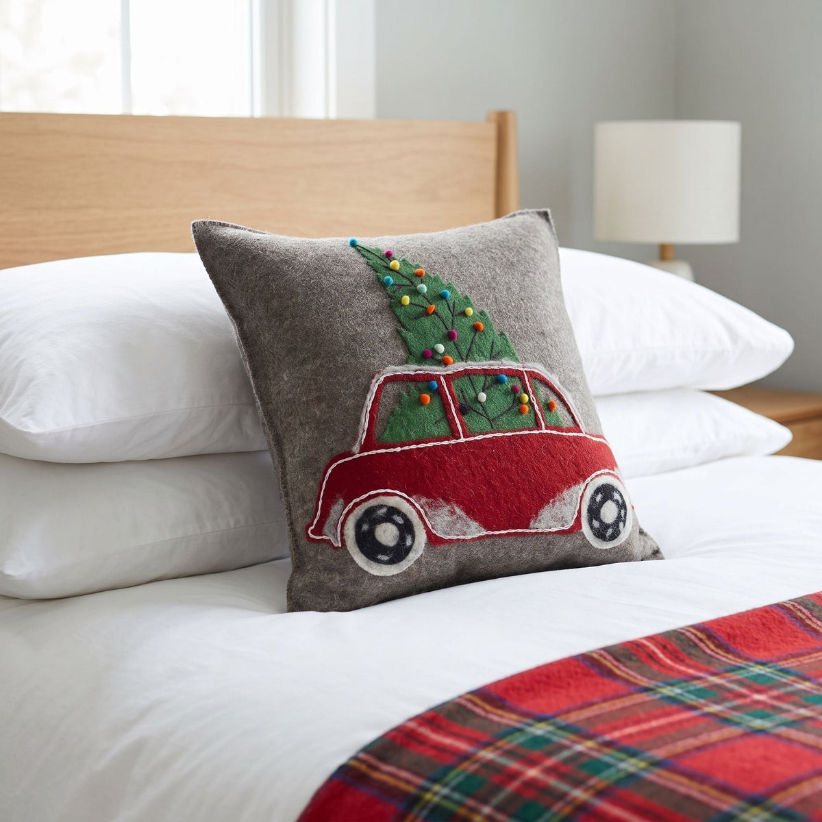 Hand Felted Wool Christmas Pillow - Car Tree Gray - 20" Arcadia Home - Che Cose Belle