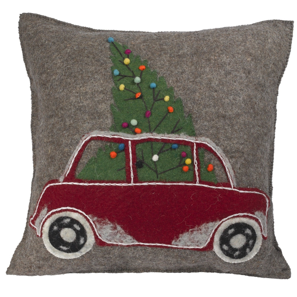 Hand Felted Wool Christmas Pillow - Car Tree Gray - 20" Arcadia Home - Che Cose Belle
