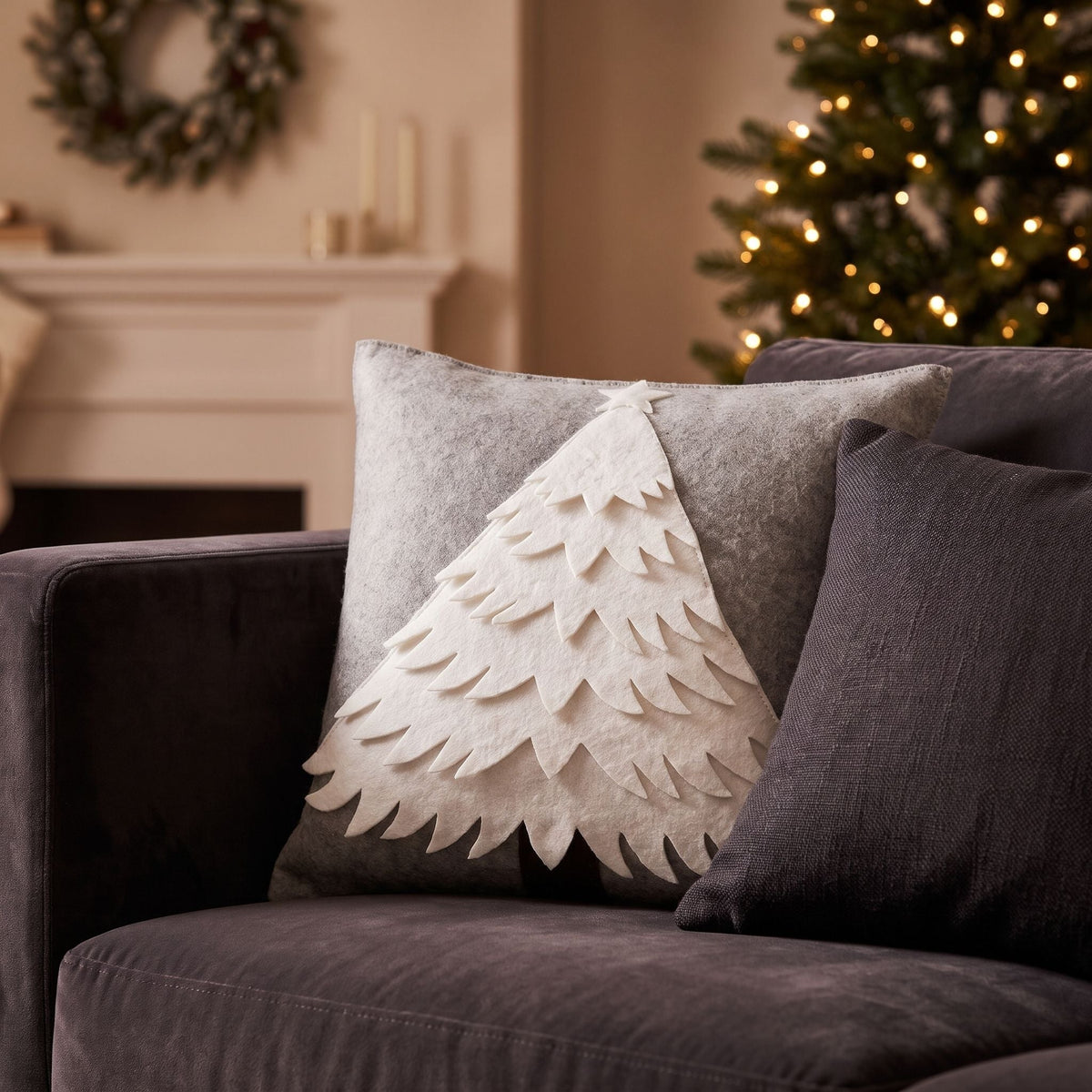 Hand Felted Wool Christmas Pillow Cover - Cream Tree Gray - 20" Arcadia Home
