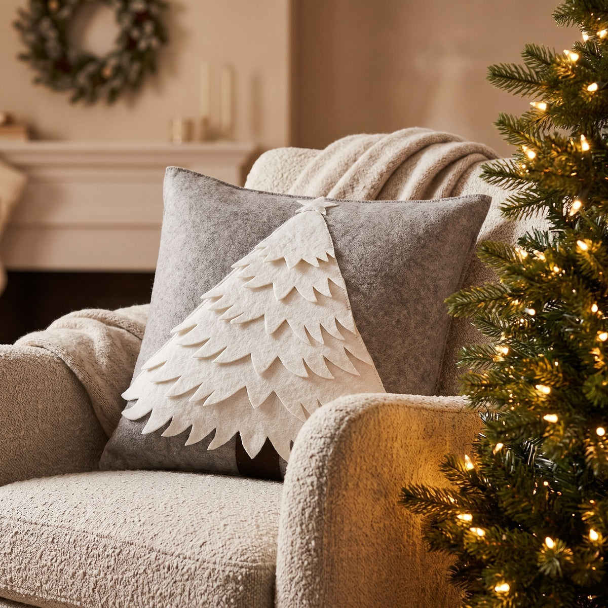 Hand Felted Wool Christmas Pillow Cover - Cream Tree Gray - 20" Arcadia Home