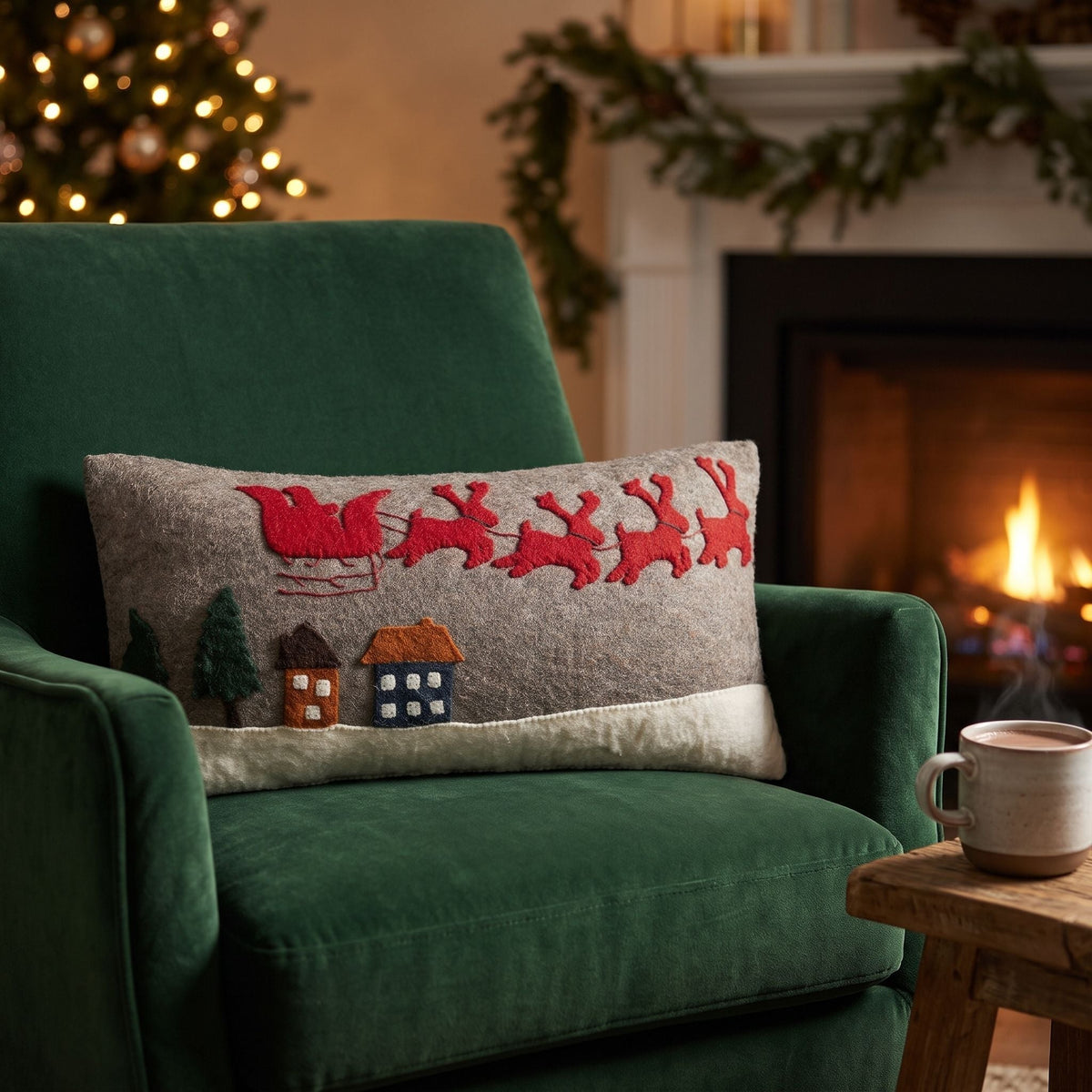 Hand Felted Wool Christmas Pillow Cover, Sleigh Village‚ 12"x24"Arcadia Home - Che Cose Belle