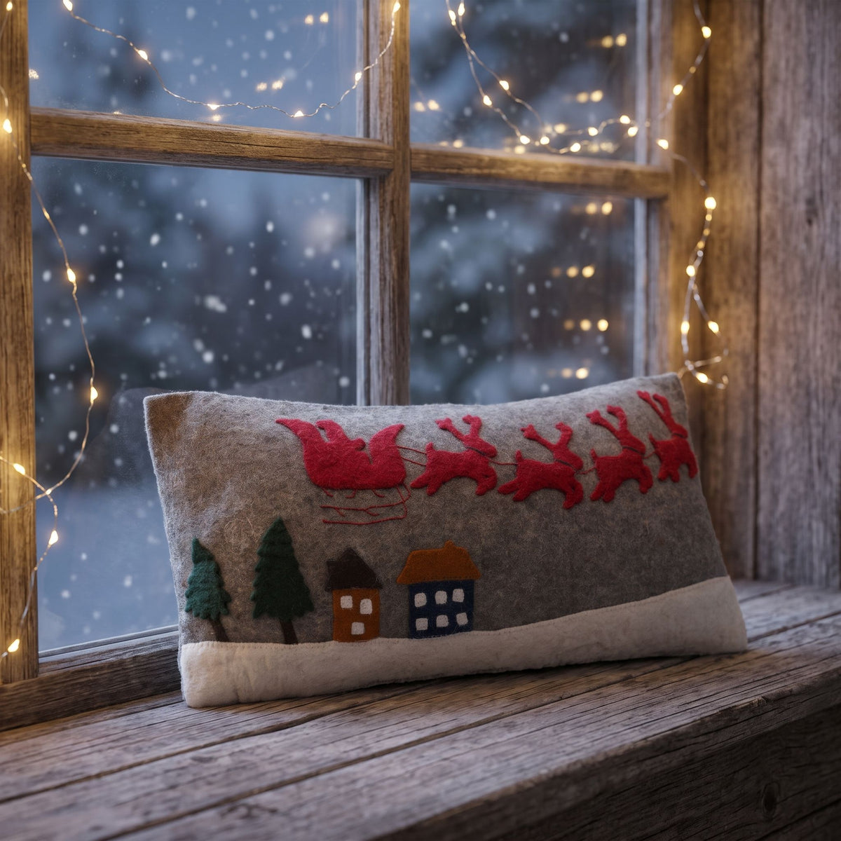 Hand Felted Wool Christmas Pillow Cover, Sleigh Village‚ 12"x24"Arcadia Home - Che Cose Belle
