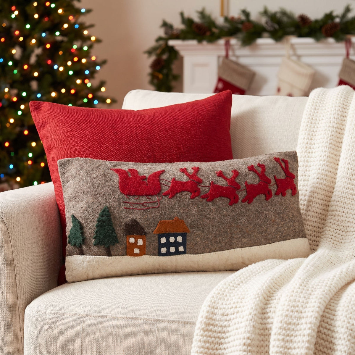 Hand Felted Wool Christmas Pillow Cover, Sleigh Village‚ 12"x24"Arcadia Home - Che Cose Belle