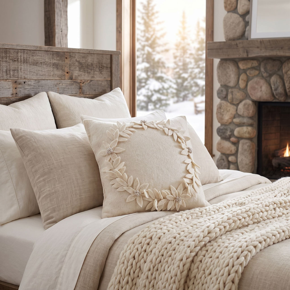 Hand Felted Wool Christmas Pillow, Cream Wreath‚ 20" Arcadia Home - Che Cose Belle