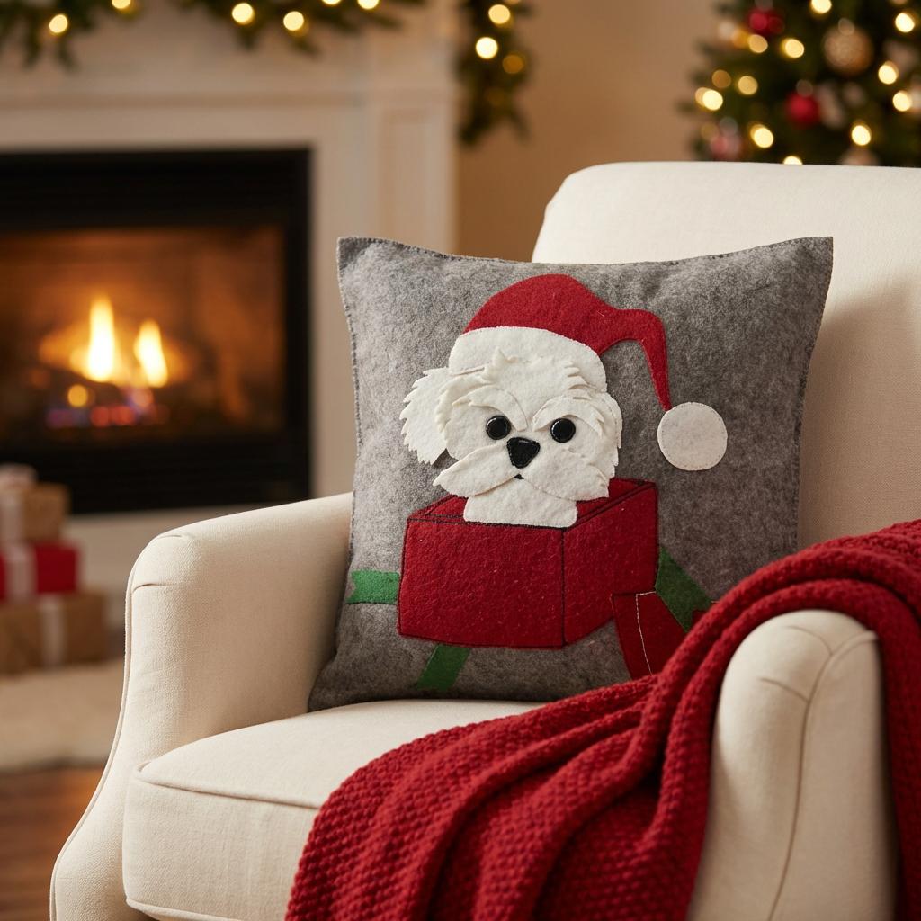 Hand Felted Wool Christmas Pillow - Dog Box - 20" Arcadia Home