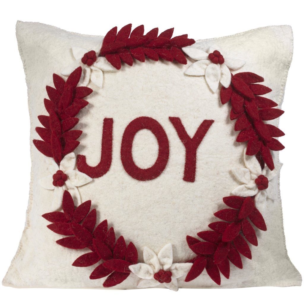 Hand Felted Wool Christmas Pillow - JOY Wreath Cream - 20" Arcadia Home - Che Cose Belle