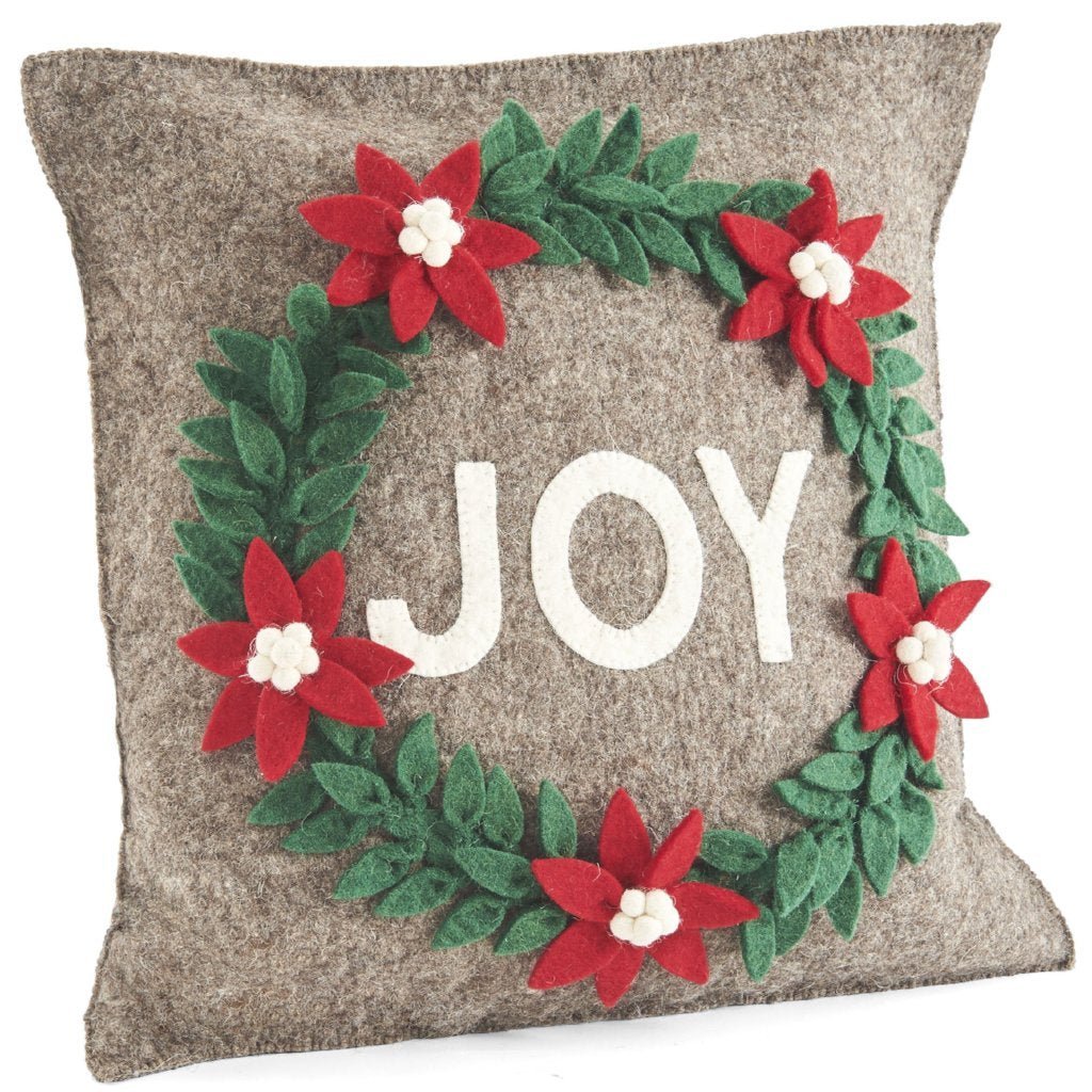Hand Felted Wool Christmas Pillow - JOY Wreath Natural Gray - 20" Arcadia Home - Che Cose Belle