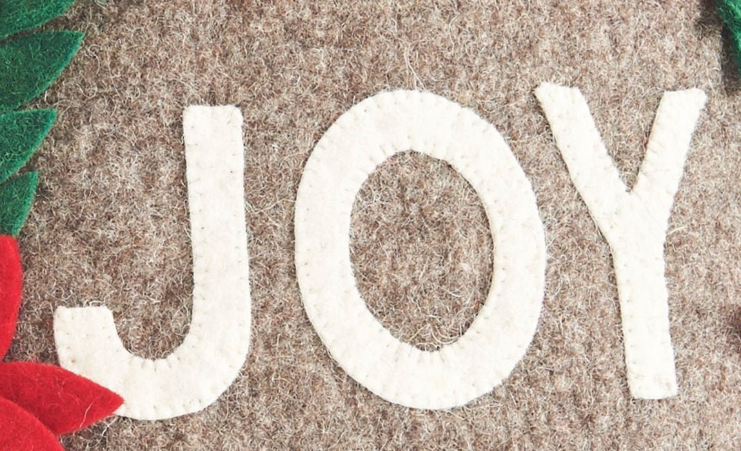 Hand Felted Wool Christmas Pillow - JOY Wreath Natural Gray - 20" Arcadia Home - Che Cose Belle