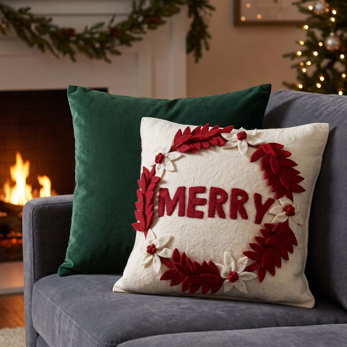 Hand Felted Wool Christmas Pillow - MERRY Wreath Cream - 20" Arcadia Home - Che Cose Belle