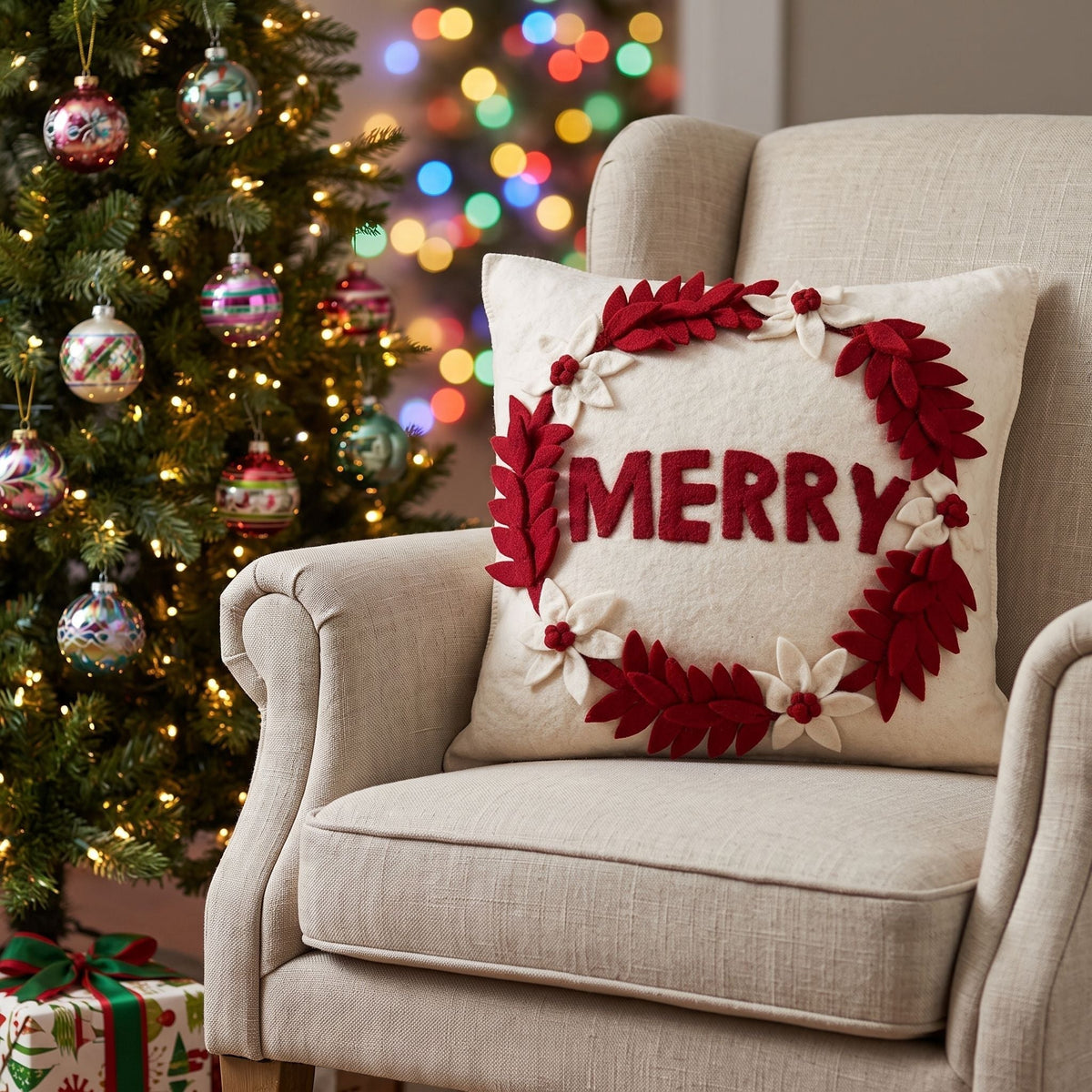 Hand Felted Wool Christmas Pillow - MERRY Wreath Cream - 20" Arcadia Home - Che Cose Belle