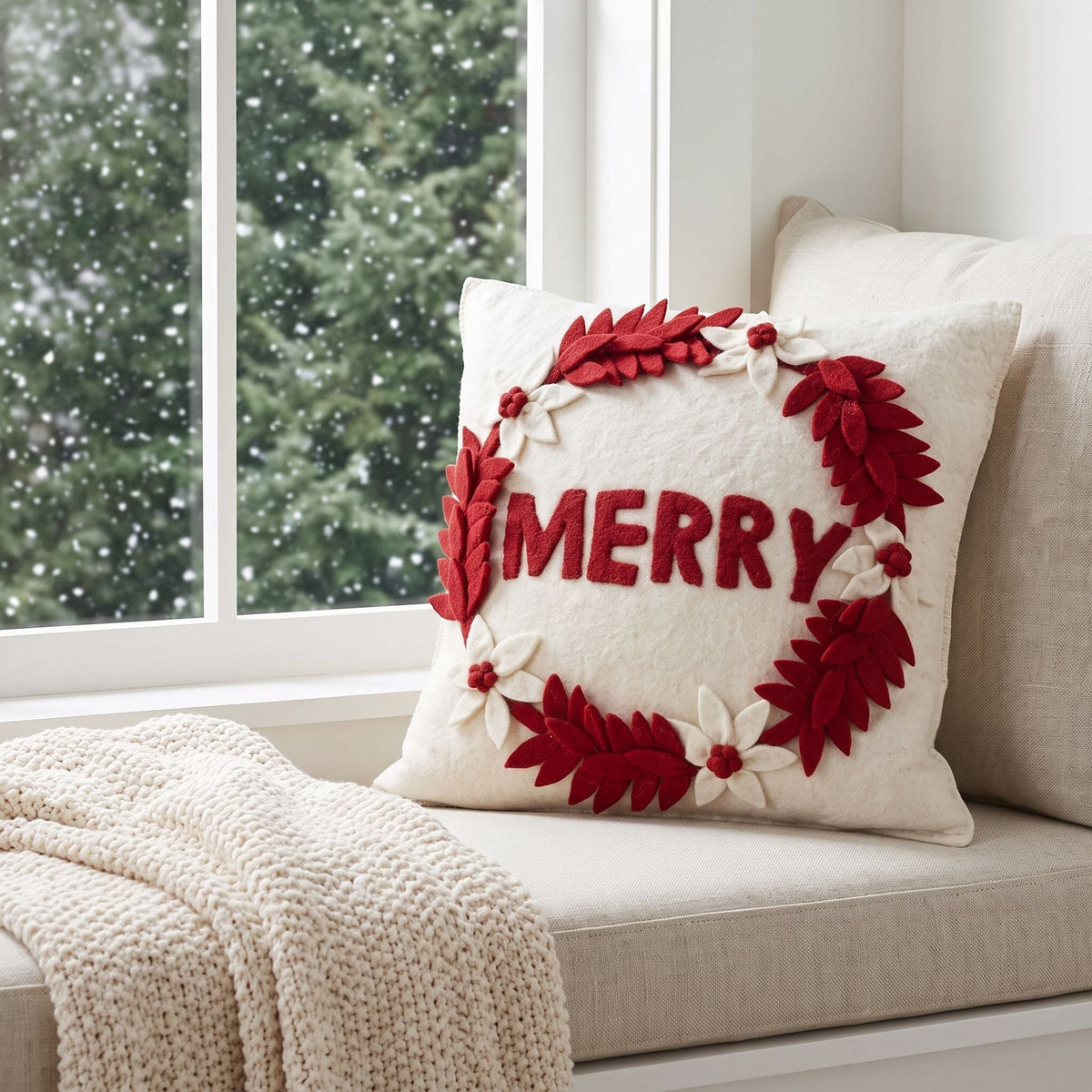 Hand Felted Wool Christmas Pillow - MERRY Wreath Cream - 20" Arcadia Home - Che Cose Belle