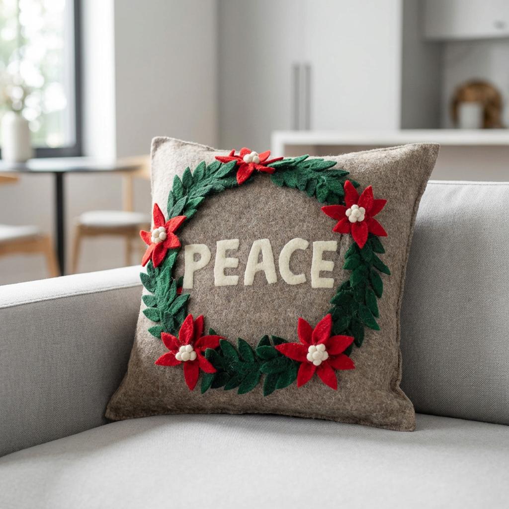 Hand Felted Wool Christmas Pillow - PEACE Wreath Natural Gray - 20" Arcadia Home - Che Cose Belle
