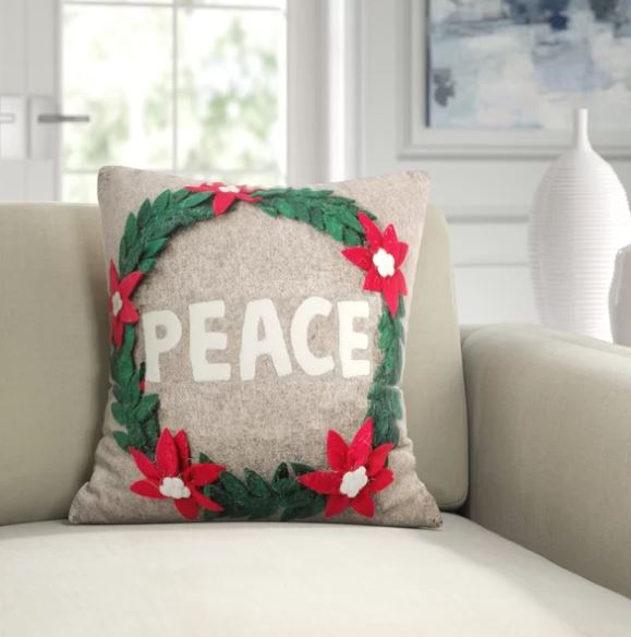 Hand Felted Wool Christmas Pillow - PEACE Wreath Natural Gray - 20" Arcadia Home - Che Cose Belle