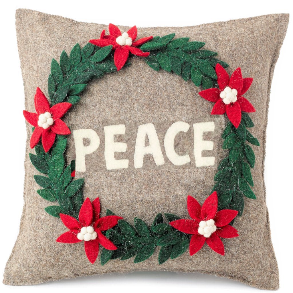 Hand Felted Wool Christmas Pillow - PEACE Wreath Natural Gray - 20" Arcadia Home - Che Cose Belle